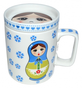Керамическая кружка с крышкой Синие матрешки, вид 1
