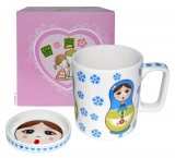 Керамическая кружка с крышкой Синие матрешки, вид 2